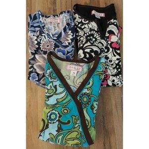 Lot of 3 X Small Koi scrub tops Kathy Peterson Pockets Tie Patterned Solid SS